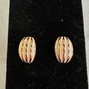 5/$5 Vintage Gold Tone and Peach Enamel striped shrimp style earrings